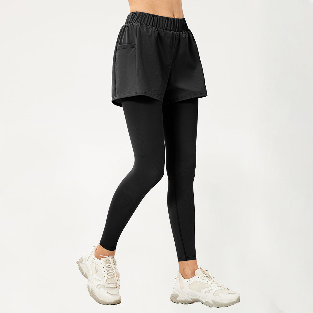 Women Faux Two Piece Yoga Trousers High Waist Hip Lift Fitness Pants Pocket Loose Breathable Running Workout Pants