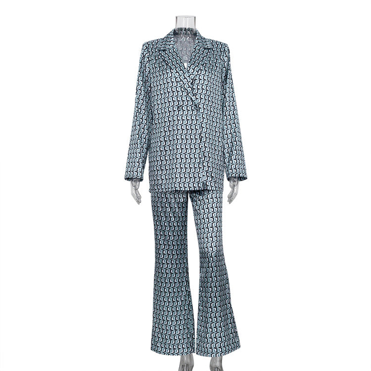 Women Clothing Long Sleeve Collared Bootleg Pants Printing Suit Street Matching Street