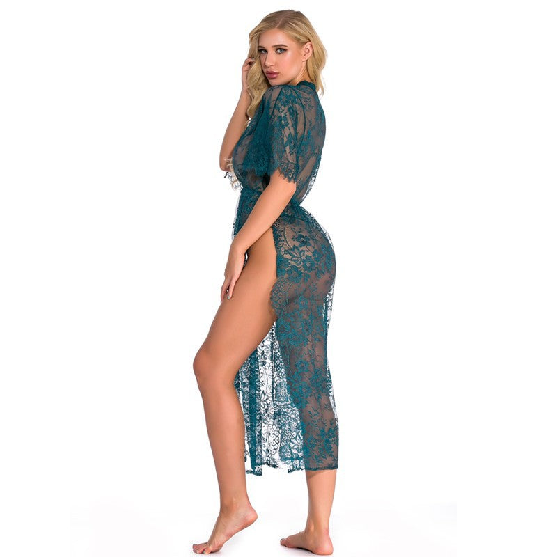 Sous-vêtements Femmes Deux Pièces Dentelle Pyjamas Sexy Voir à travers Pyjamas Long Col V Homewear Nuit Robe