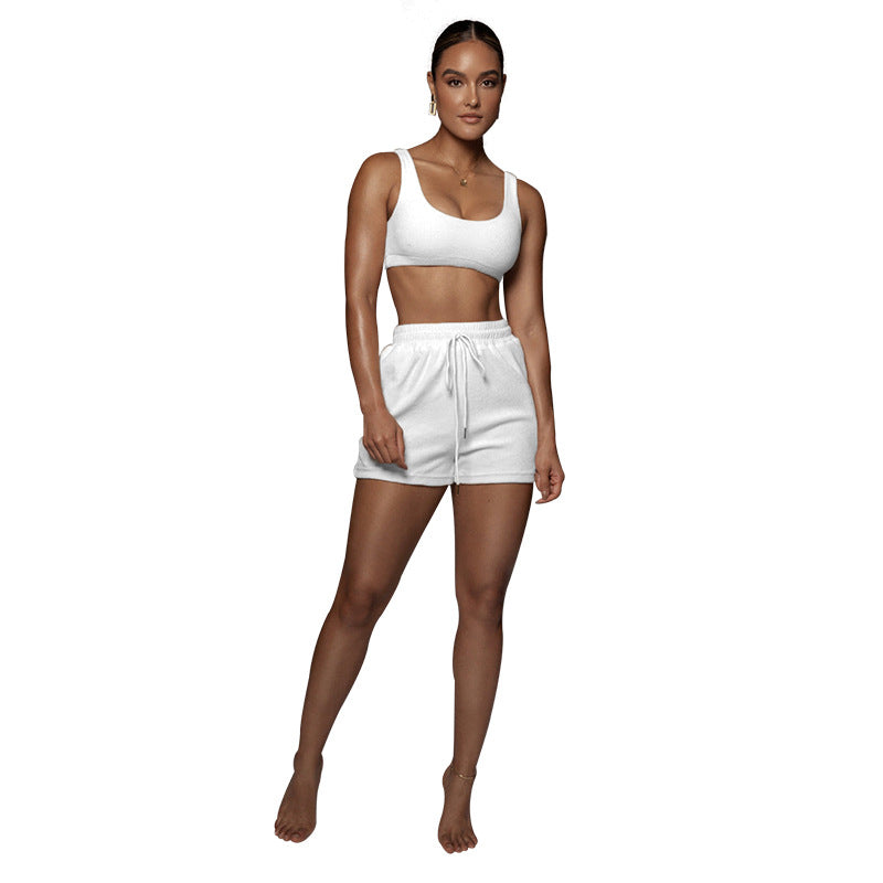 Women Summer Solid Color Cropped Tank Top Shorts Drawstring Two-Piece Sports Casual Set