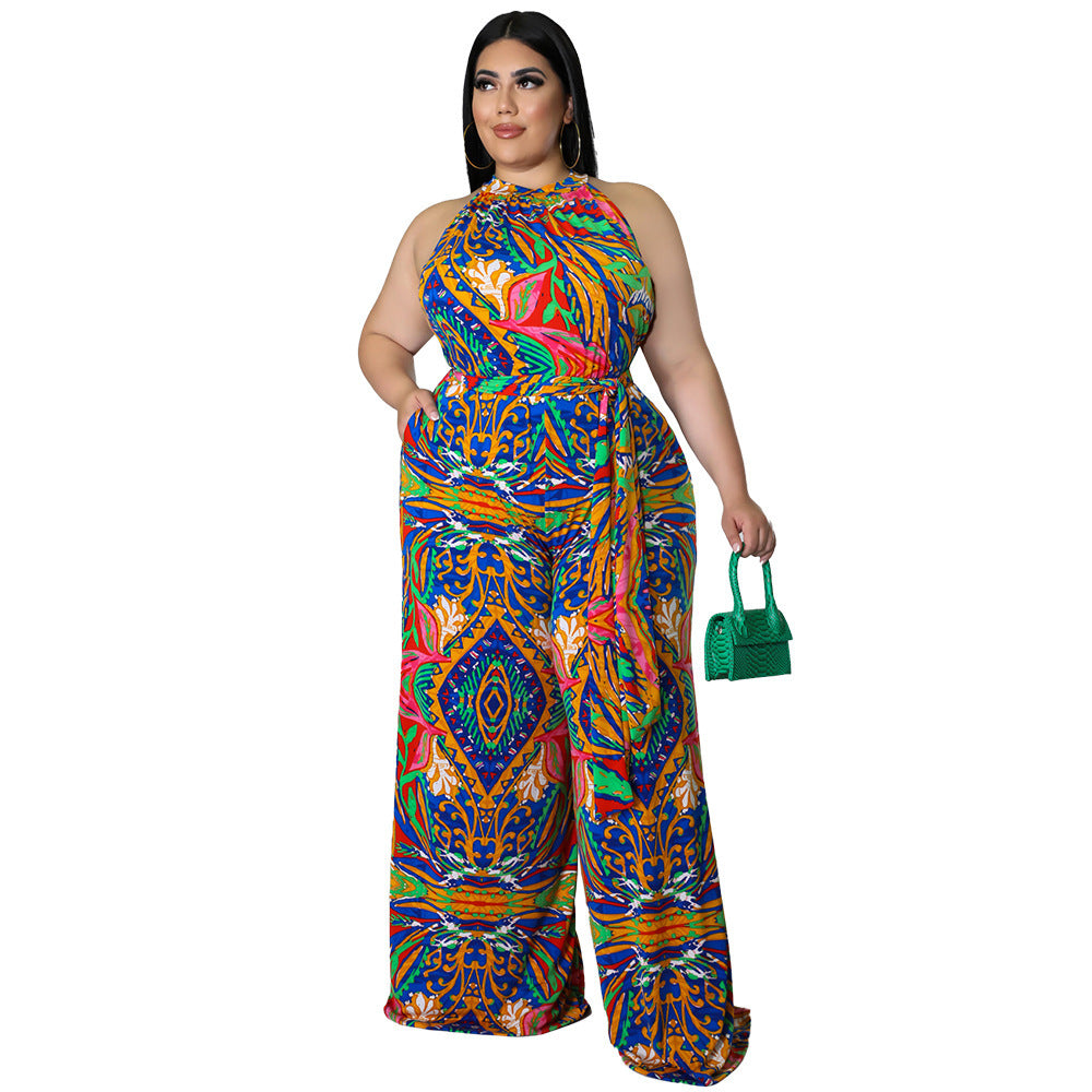 Vêtements pour femmes de grande taille imprimés à dos nu décontractés avec combinaison de ceinture