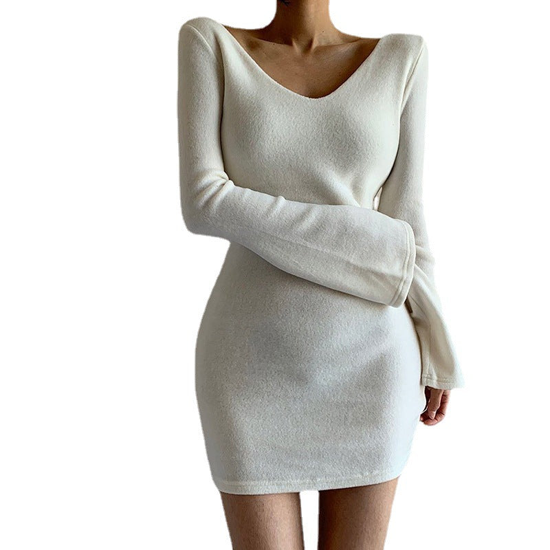 Fashion Front Back V-neck Backless Sexy Micro-Pull Sleeve Dress Women Clothing Long Sleeve Narrow Short