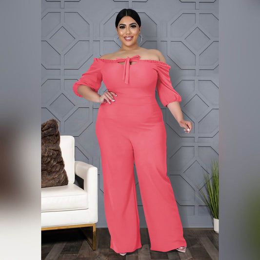 Plus Size Solid Color off-Shoulder Strap Wide-Leg Jumpsuit Women