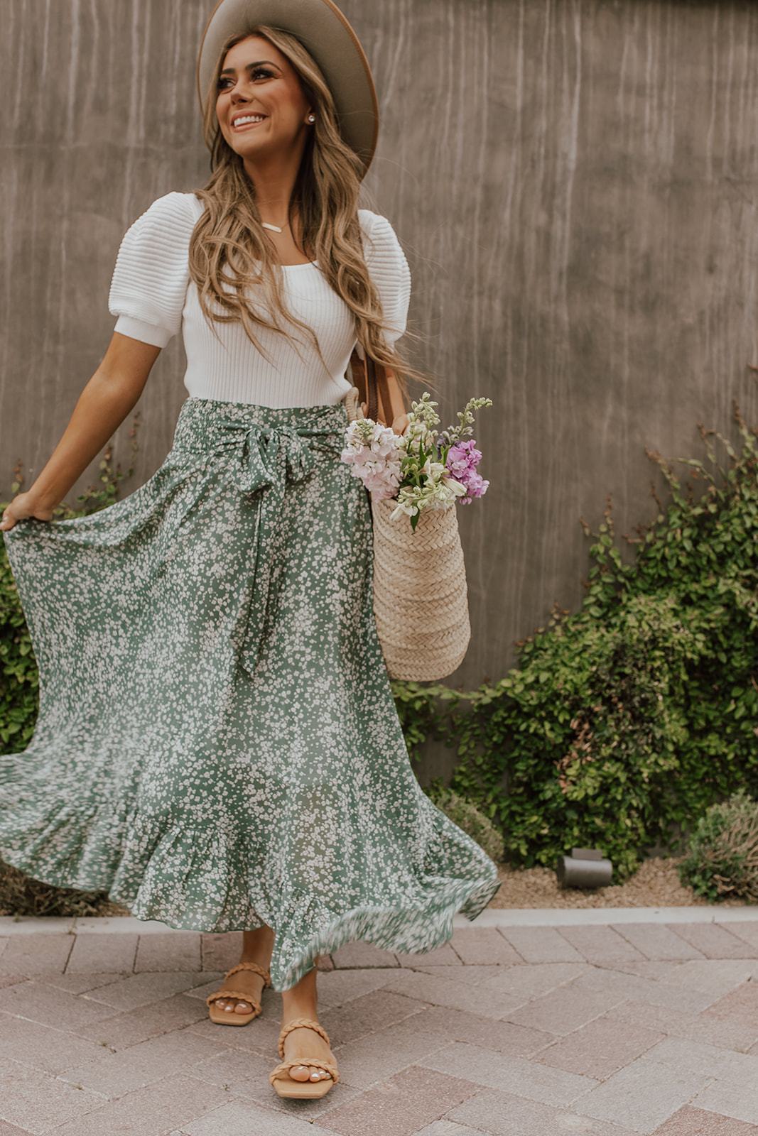 Spring Summer Rayon All Match Small Floral Elastic Bandage High Waist Rhombus Stitching Large Swing Skirt