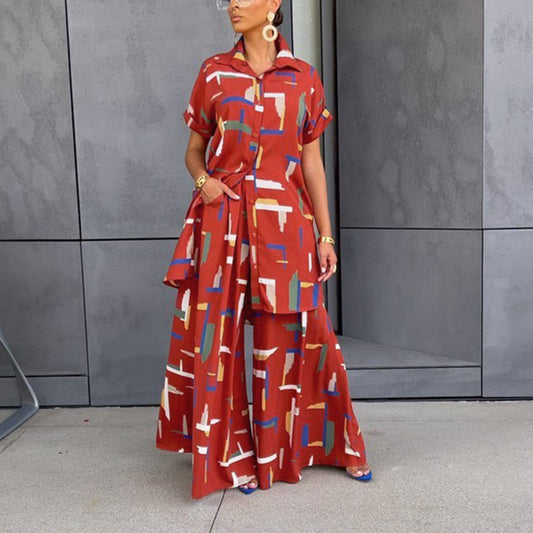 Spring Summer Black Women Casual Shirt Loose Trousers Printed Two Piece Set