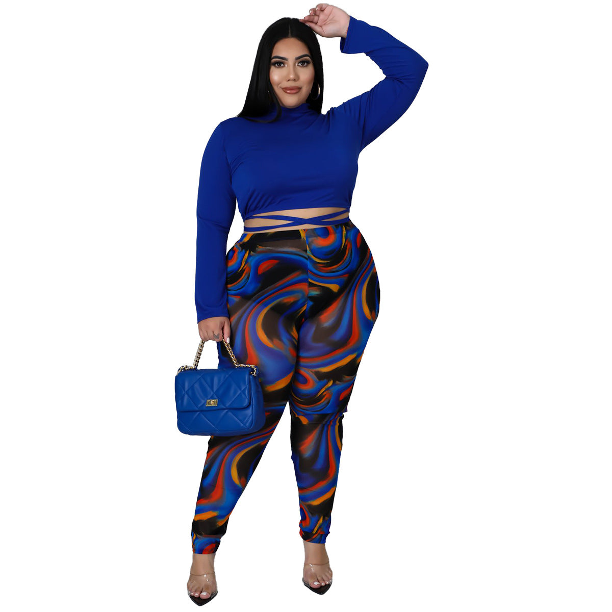 Plus Size Sexy Two-Piece Suit Stitching Contrast Color Bandage See-through Set Women Clothing
