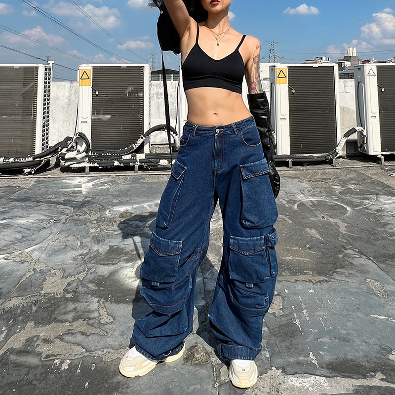 High Waist Large Pocket Loose Casual Wide Leg Pants Women Clothing