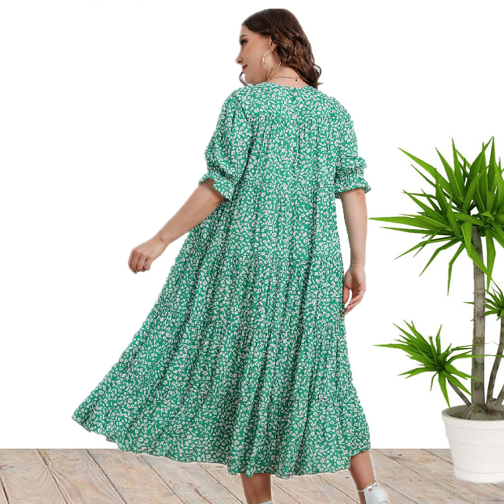 Plus Size Summer Women Clothes Short Sleeve Rayon Printed Loose Dress
