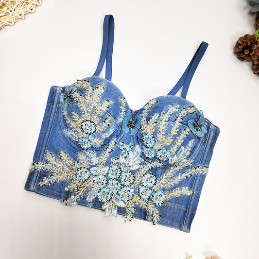 Heavy Industry Beads Denim Camisole Outer Wear Vest Night Club Sexy Wrapped Chest