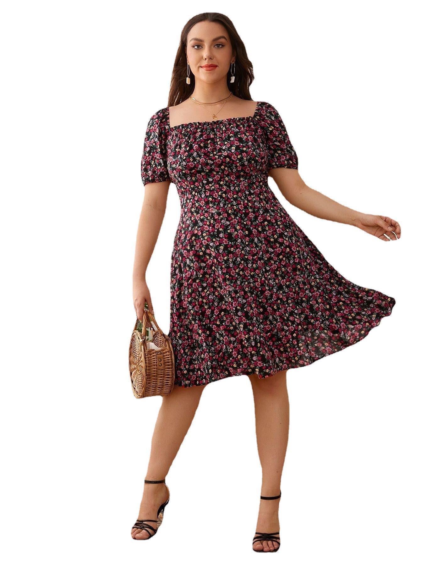 Plus Size Summer Sweet Square Collar Backless Floral Dress Boho Bohemian Vacation Dresses