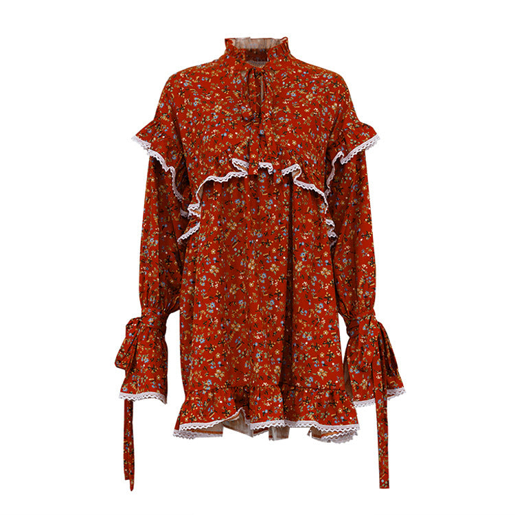 Printed Dress Flared Sleeves Lace up Dress Women