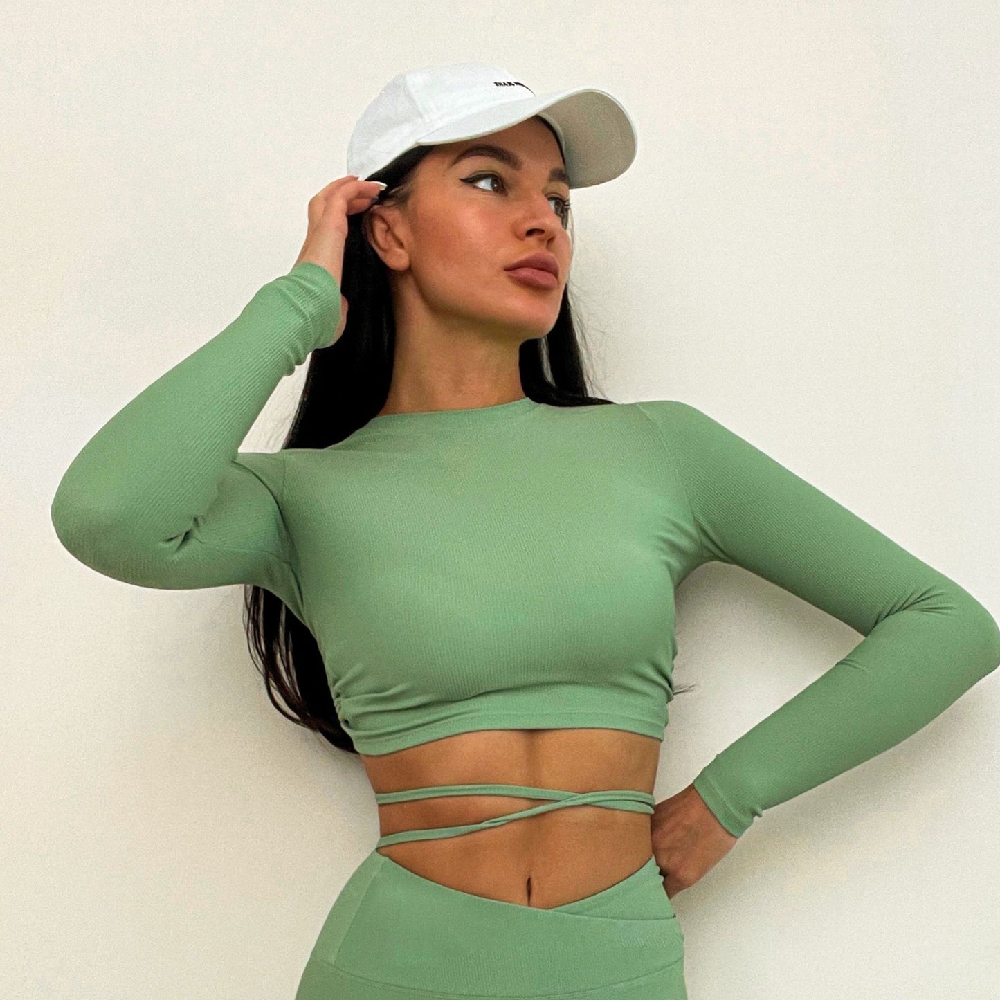Yoga Clothes Rib Sports Bra Drawstring Long Sleeve Yoga Wear CrissCross Waist Head Yoga Pants Side Open Bell-Bottom Pants