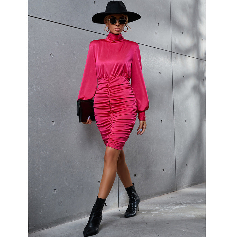 High Collar Solid Color Slim Dress
