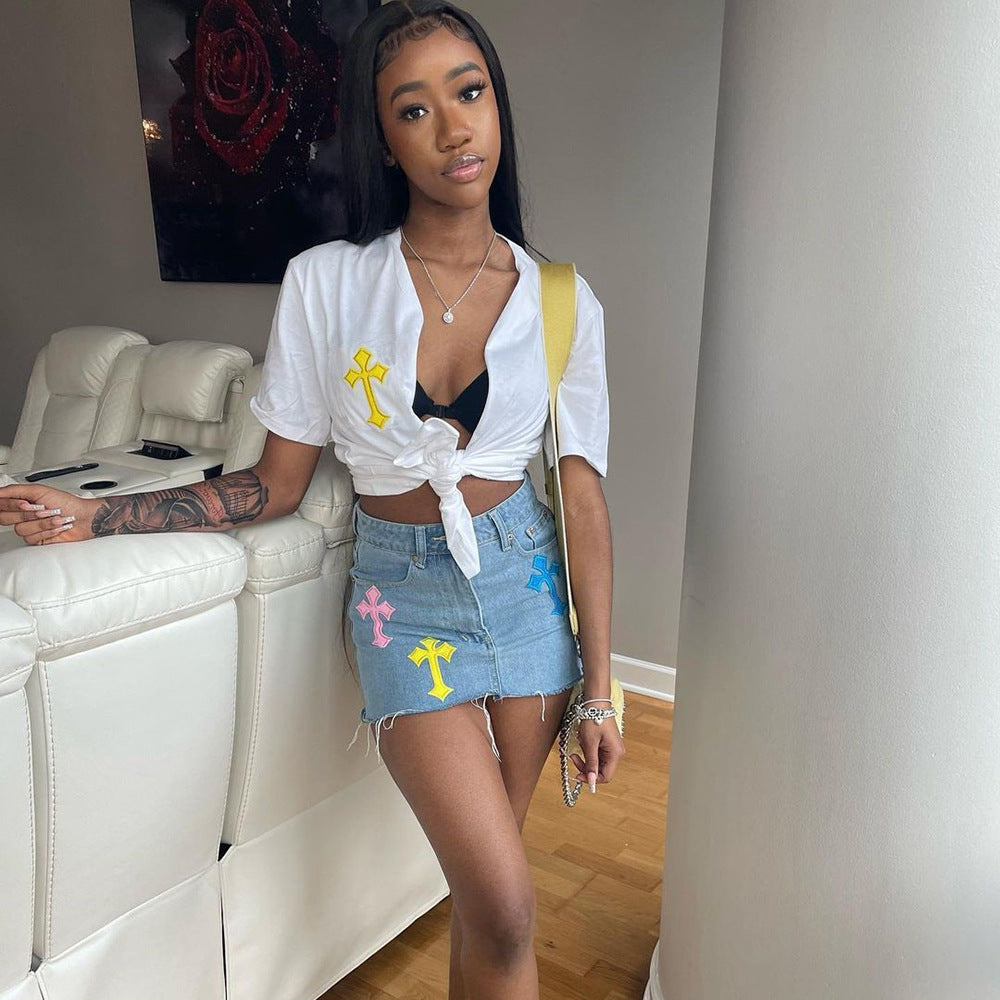 Women Clothing Denim Tassel Criss Cross Stitch Floral Skirt