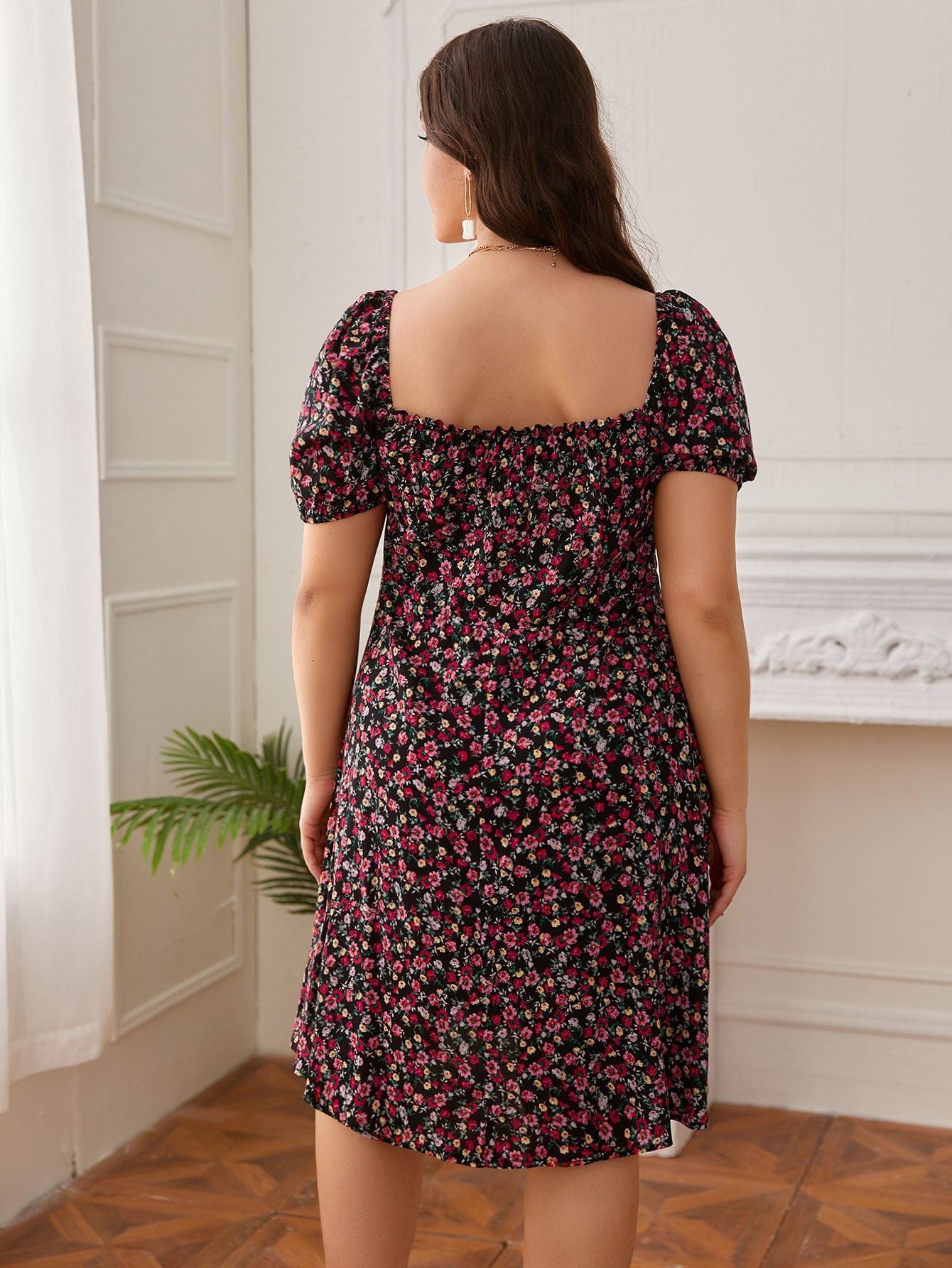 Plus Size Summer Sweet Square Collar Backless Floral Dress Boho Bohemian Vacation Dresses