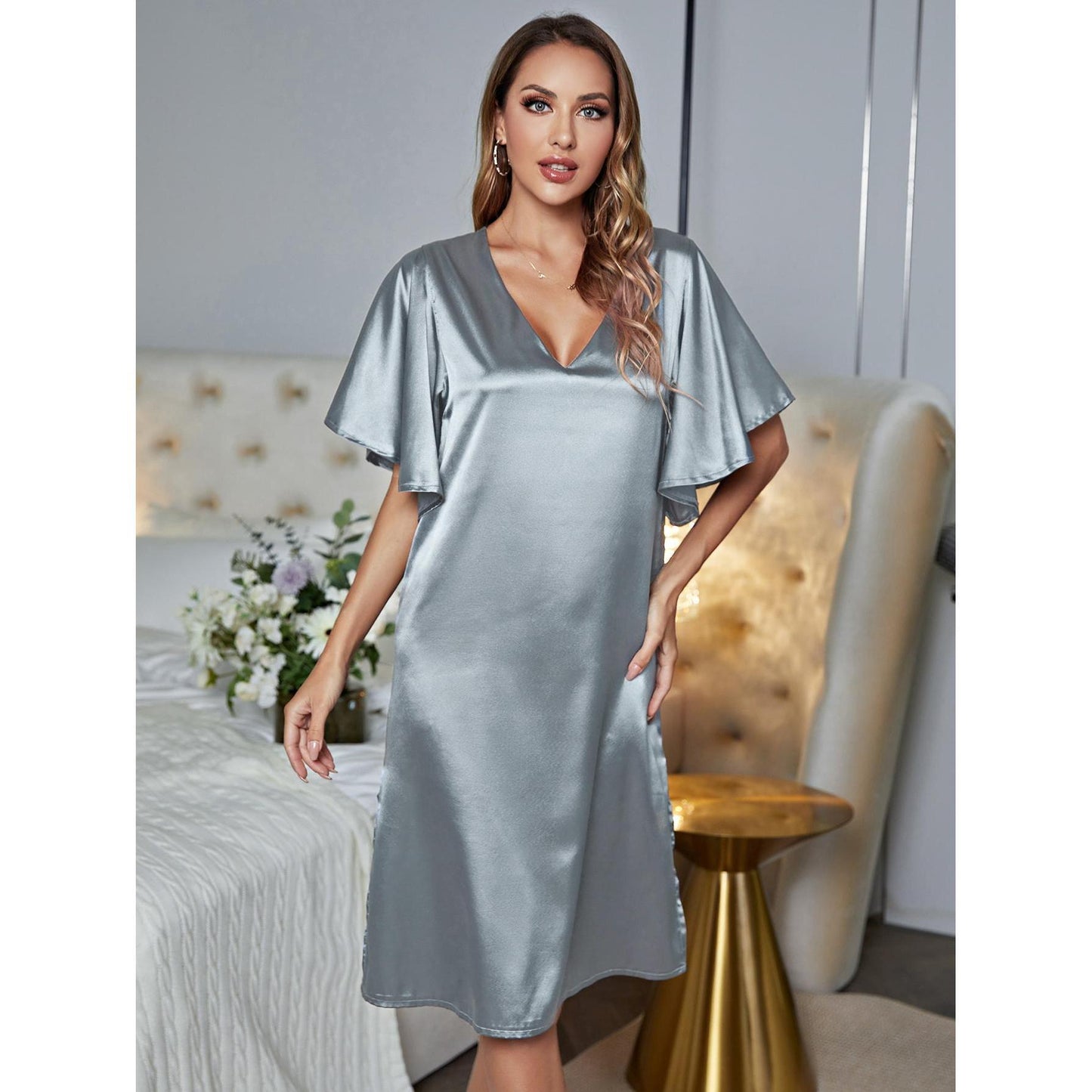 Pajamas Women Silk like High Grade Home Wear Ice Silk Satin Nightdress Women Summer