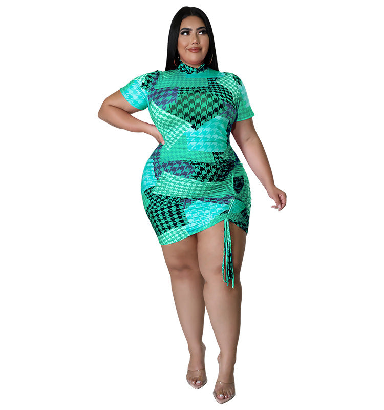 Plus Size Women Clothes Summer Short-Sleeved Dress Mid-Skirt