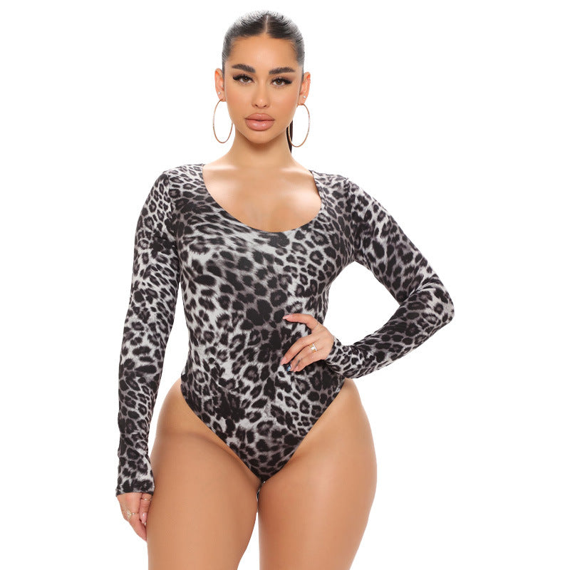 Plus Size Women Clothes Leopard Print Sexy Long Sleeve Jumpsuit
