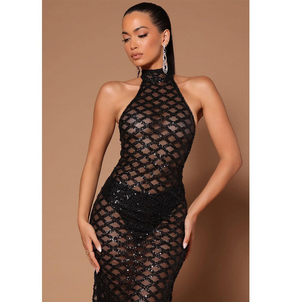 Sexy Backless Nightclub Party Formal Dress Rhinestone Sequined Transparent Dress