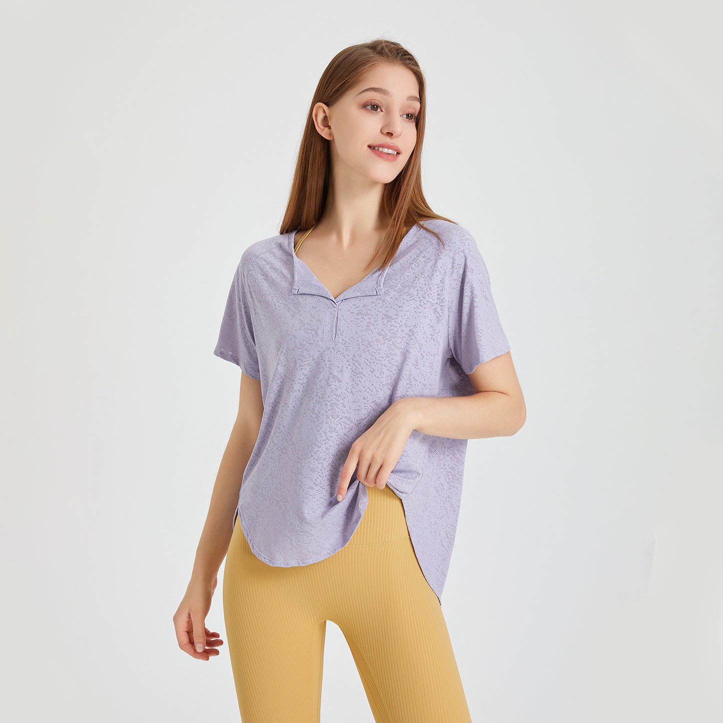Été lâche respirant col en V Yoga vêtements à manches courtes t-shirt neige motif course sport Blouse entraînement haut femmes