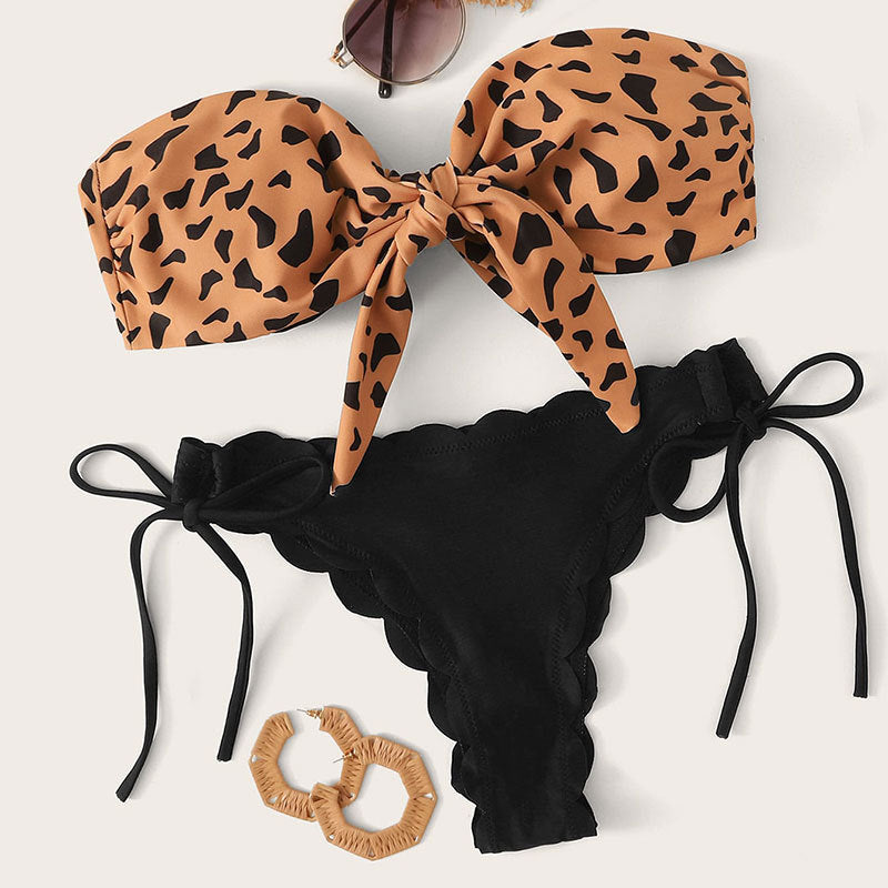 Maillot de bain fendu à imprimé léopard Bikini sexy en dentelle pour femmes