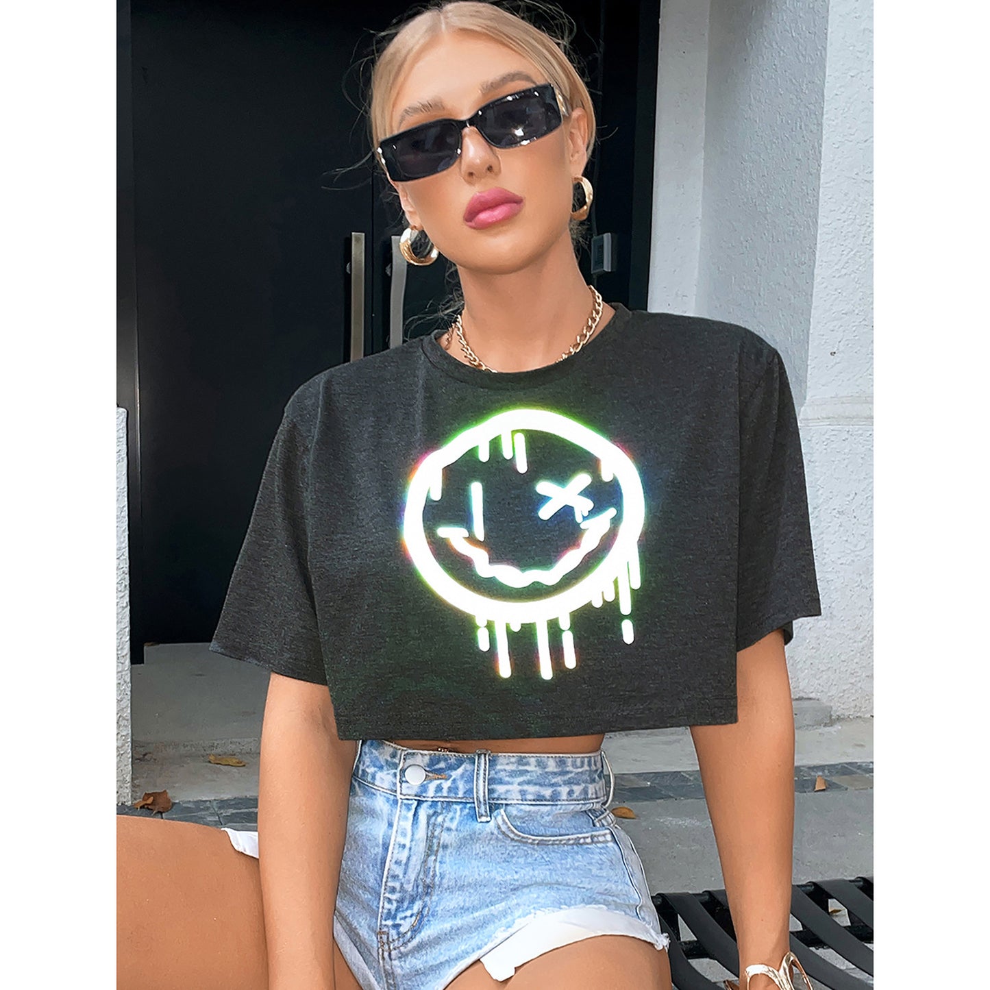 Cute Smiley Face Women Clothing All-Match Trendy Smiley Printed Reflective Short-Sleeved Street T-shirt