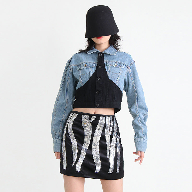Denim Jacket Spring Polo Collar Stitching Single Breasted Long Sleeve Short Coat Women