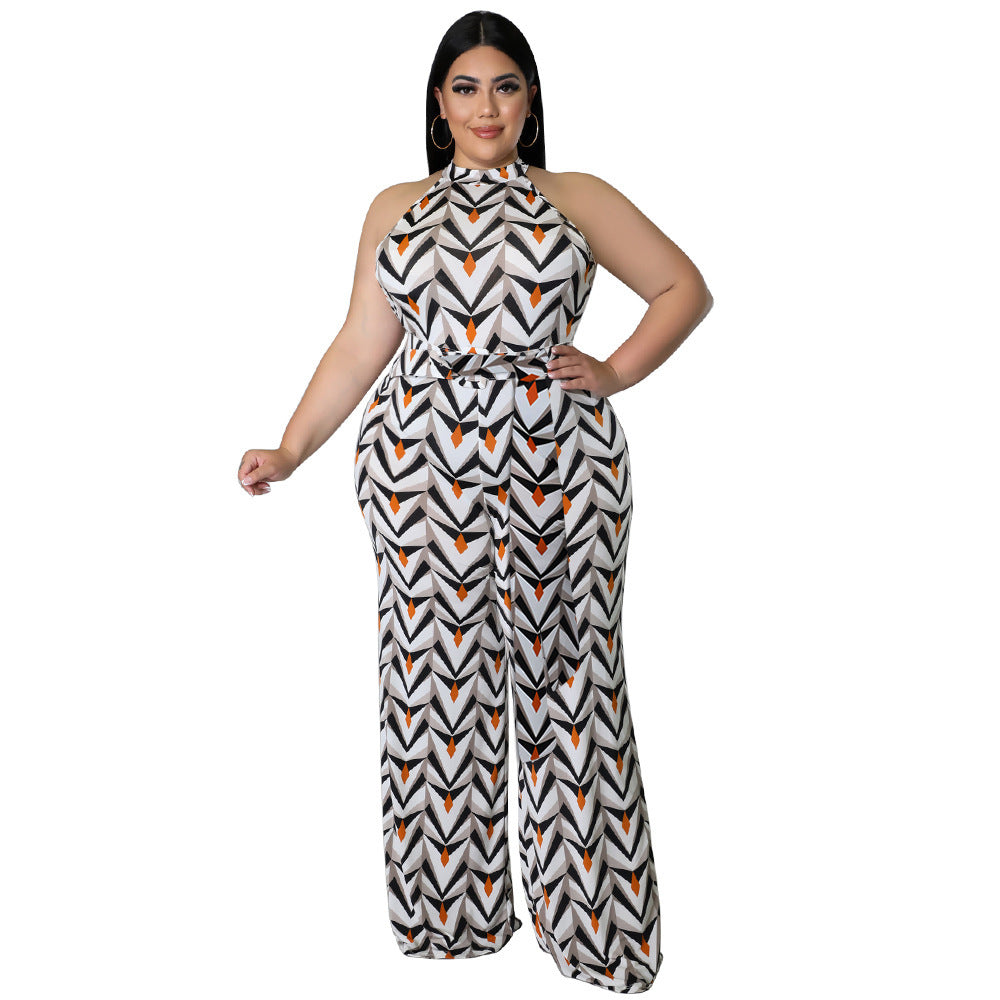 Vêtements pour femmes de grande taille imprimés à dos nu décontractés avec combinaison de ceinture