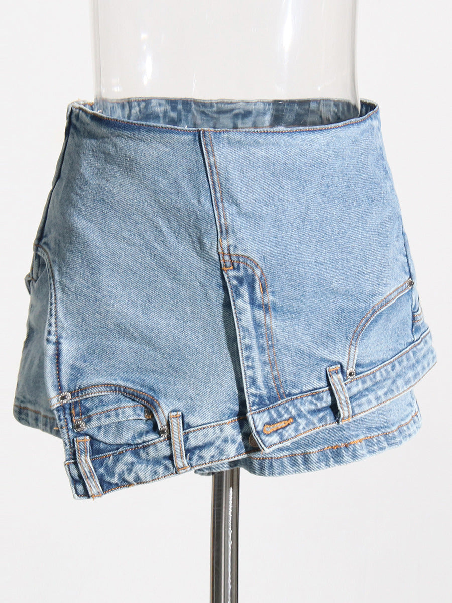 Personality Street Denim Stitching Shorts High Waist Irregular Asymmetric Washed Worn Jeans Women