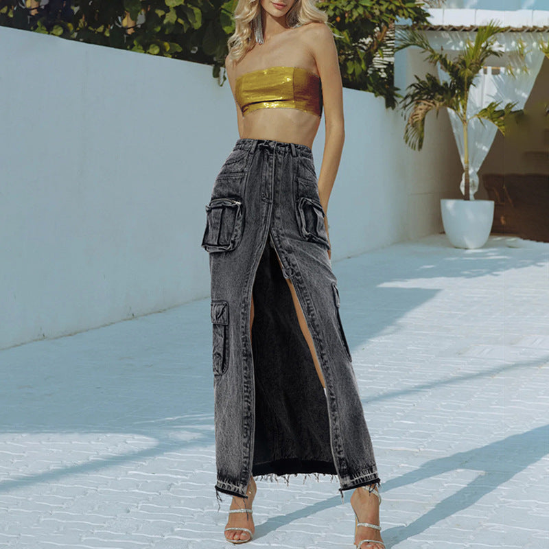 Hipsters High Street taille haute longue droite devant fente conception Denim couleur unie femmes jupe