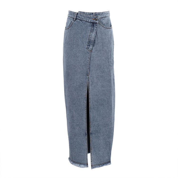 Women Clothing Skirt ong High Waist Slit Vintage Denim Skirt Hip Skirt