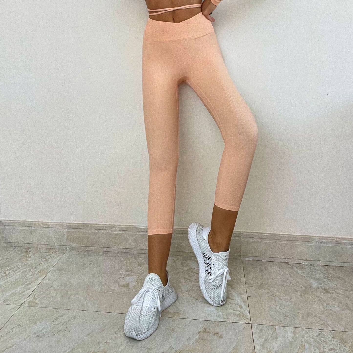 Yoga Clothes Rib Sports Bra Drawstring Long Sleeve Yoga Wear CrissCross Waist Head Yoga Pants Side Open Bell-Bottom Pants