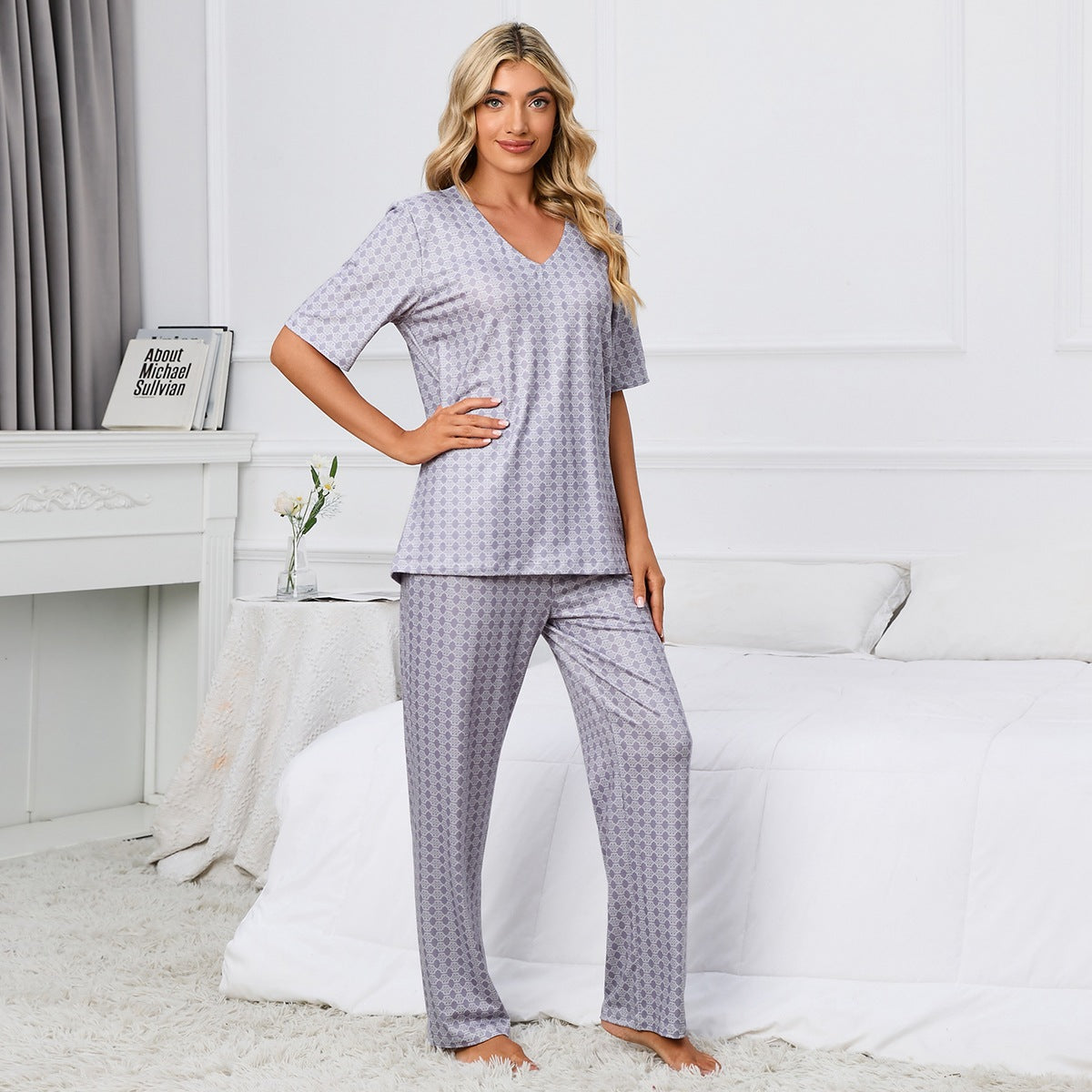 Haut imprimé à manches courtes et col rond Pantalon de costume Pyjama Homewear