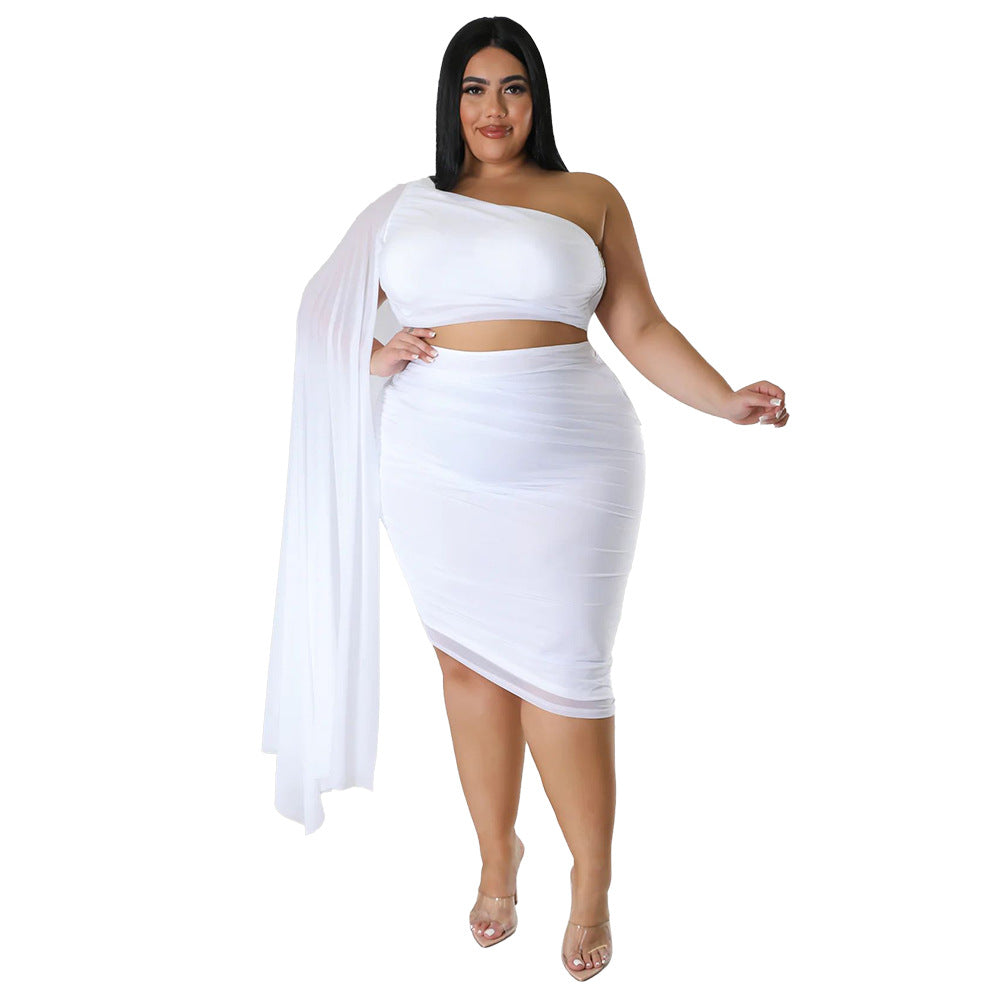 Plus Size Women Wear High Elastic Diagonal Collar Long Train Sleeve Wrinkle Two Piece Set