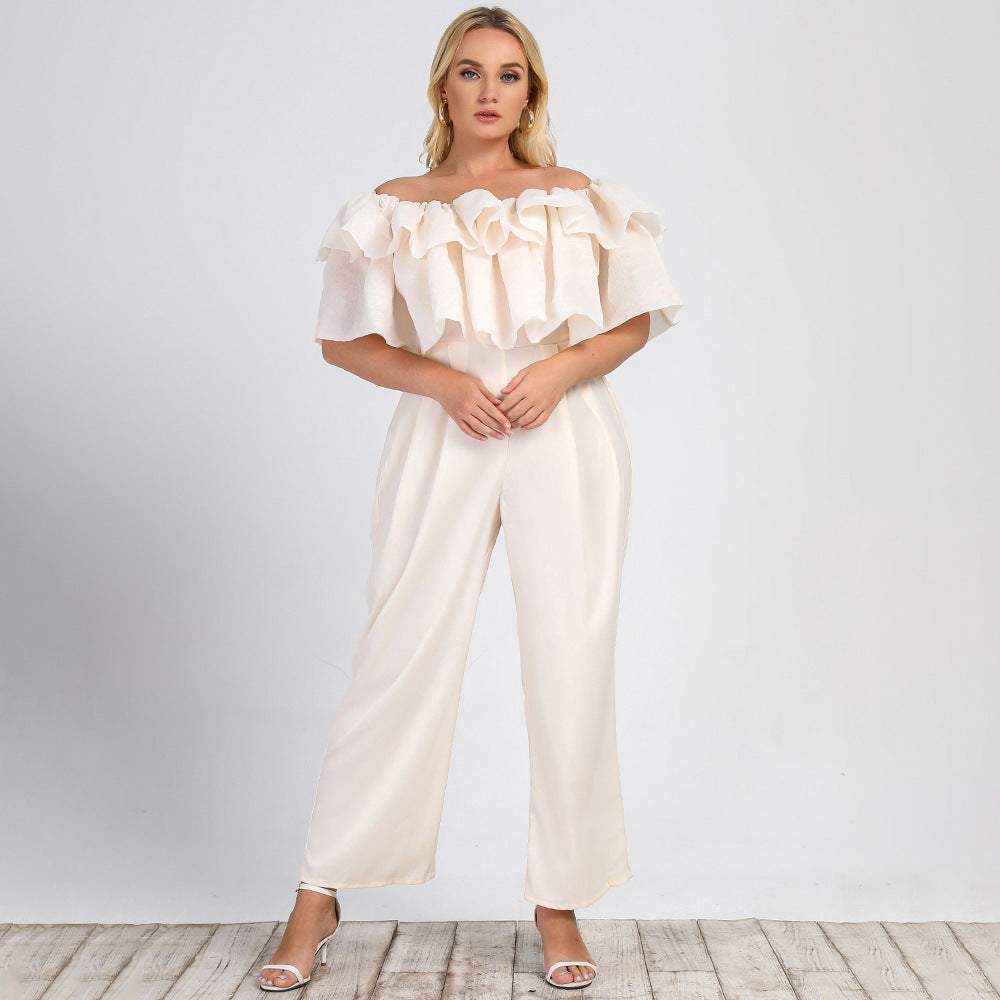 Grande taille femmes vêtements été nouveau Lotus Edge hors épaule solide jambe droite bureau pantalon décontracté combinaison
