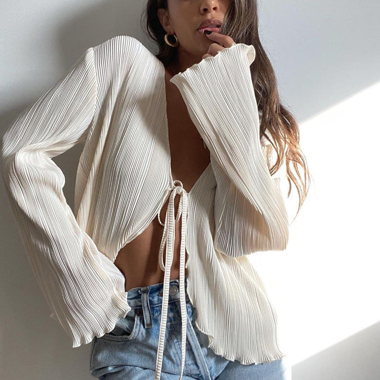 Cardigan d'été à lacets Sexy Slim évasé à manches longues chemise plissée femmes français texturé