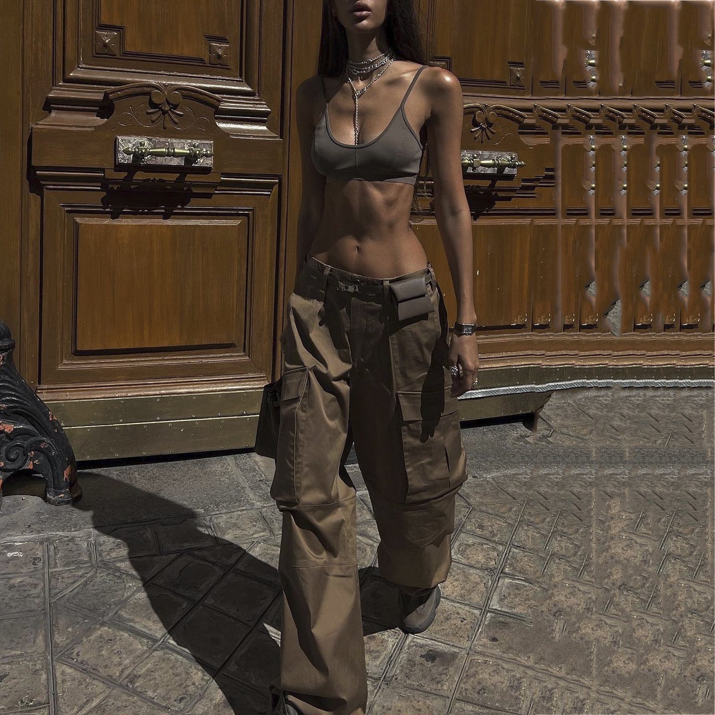 Low Waist Retro High Street Multi Pocket Cargo Pants Women Summer Sexy Stitching Casual Straight Leg Wide Leg Pants