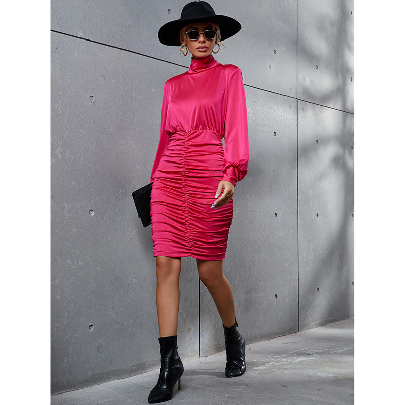 High Collar Solid Color Slim Dress