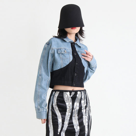 Denim Jacket Spring Polo Collar Stitching Single Breasted Long Sleeve Short Coat Women