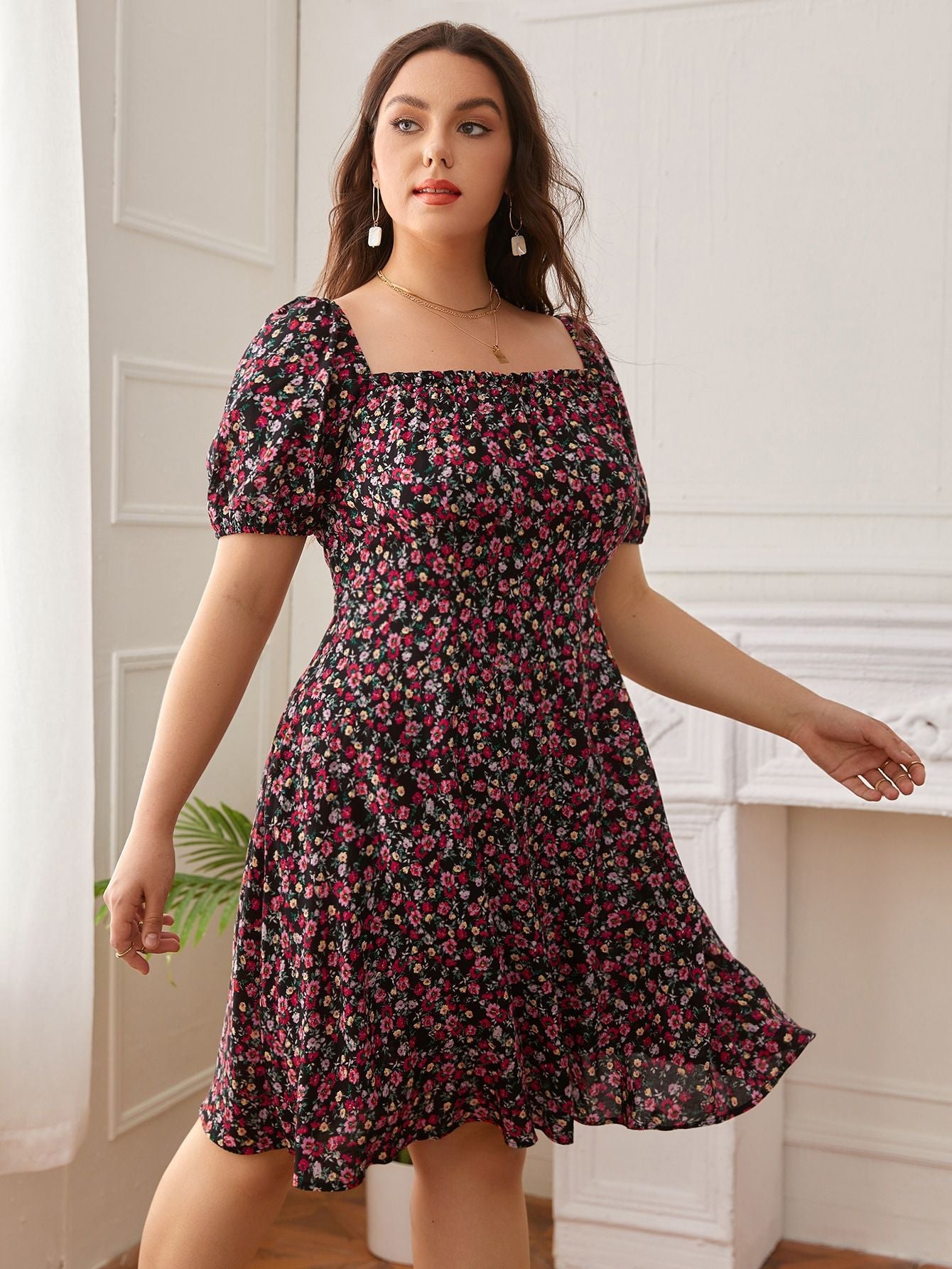 Plus Size Summer Sweet Square Collar Backless Floral Dress Boho Bohemian Vacation Dresses