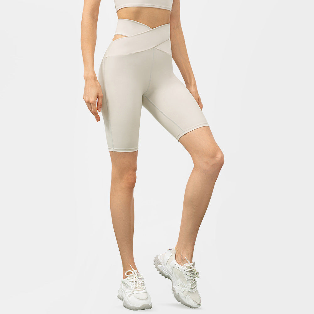 Naked Women Sense Cross High Waist Yoga Shorts No Embarrassment Line Skinny Hip Raise Belly Contracting Sports Shorts Crisscross