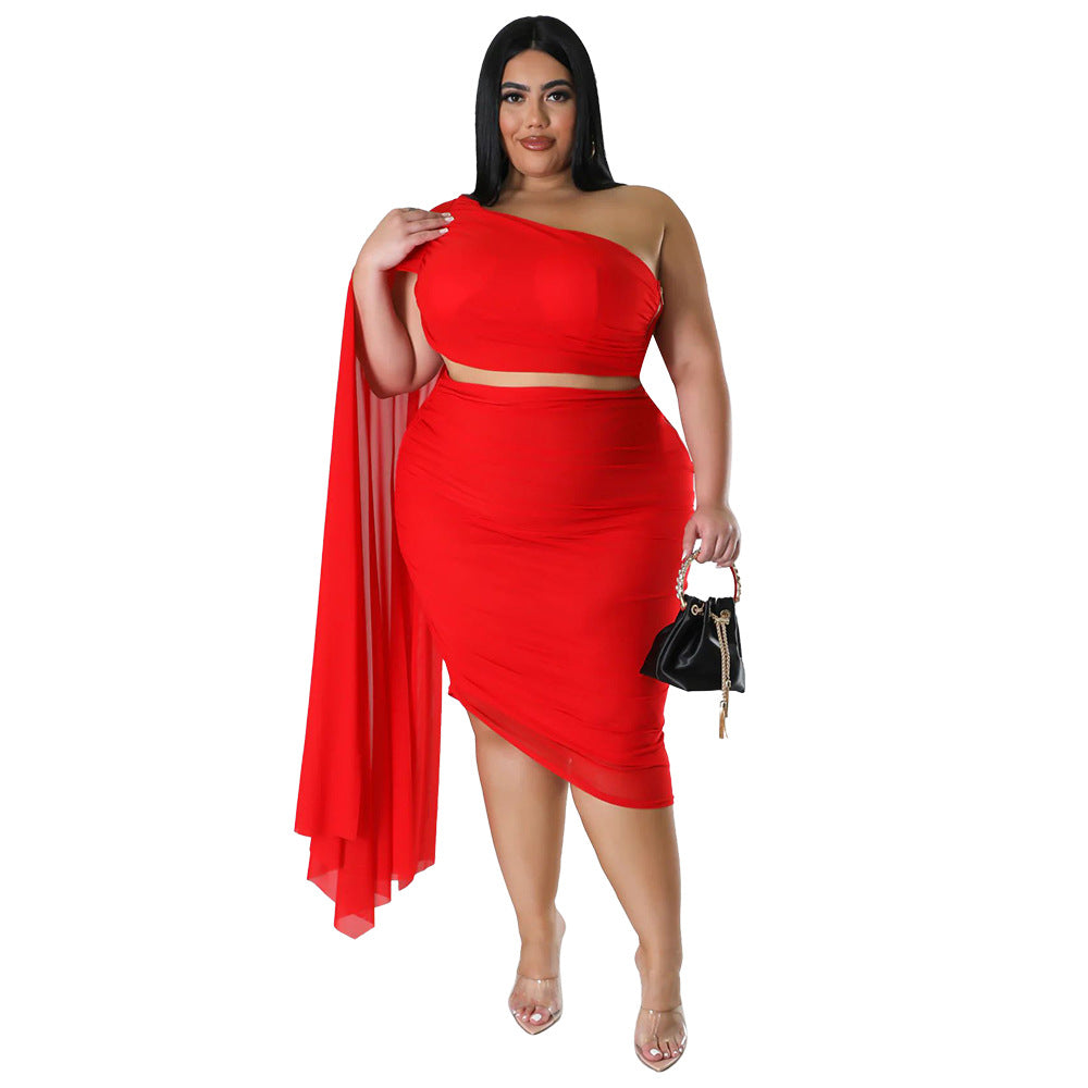 Plus Size Women Wear High Elastic Diagonal Collar Long Train Sleeve Wrinkle Two Piece Set