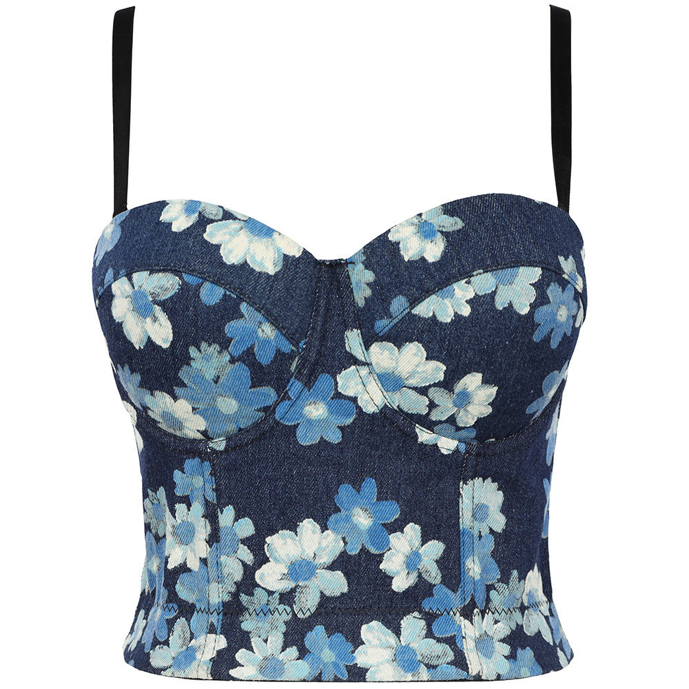 Dos nu à lacets Denim impression Camisole femmes vêtements d'extérieur Sexy gilet haut court haut tubulaire mince