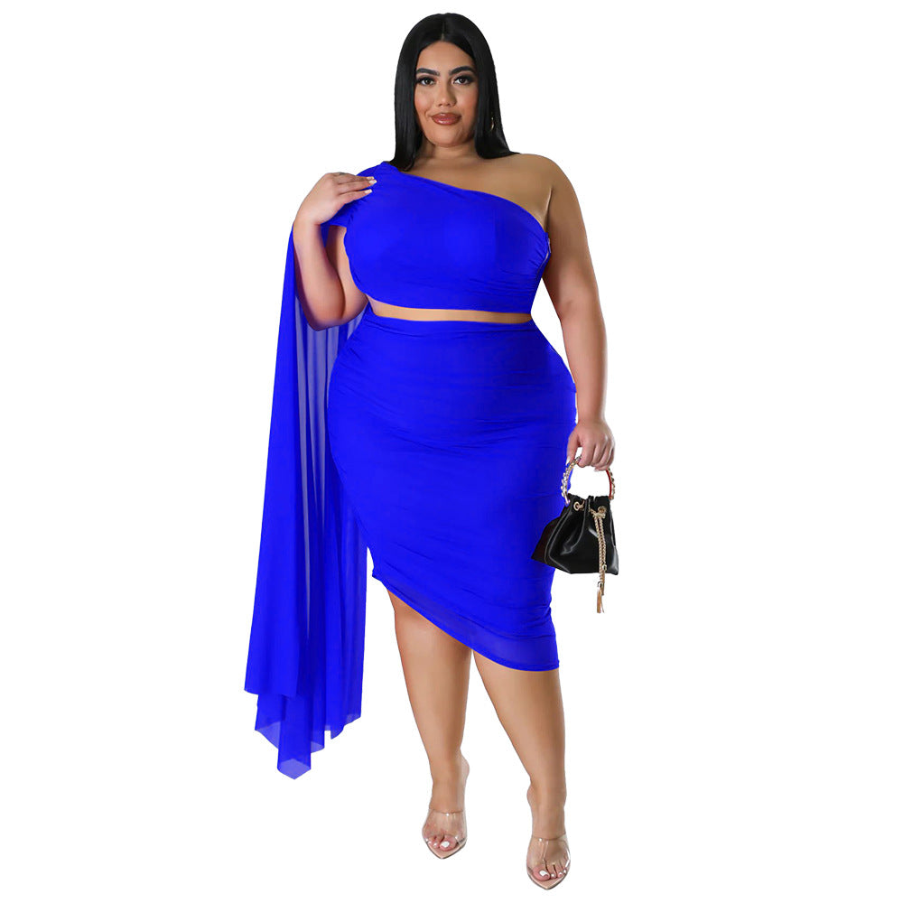 Plus Size Women Wear High Elastic Diagonal Collar Long Train Sleeve Wrinkle Two Piece Set