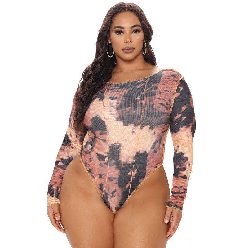 Plus Size Spring Women Clothing round Neck Print Long Sleeves Tight Breasted Jumpsuit