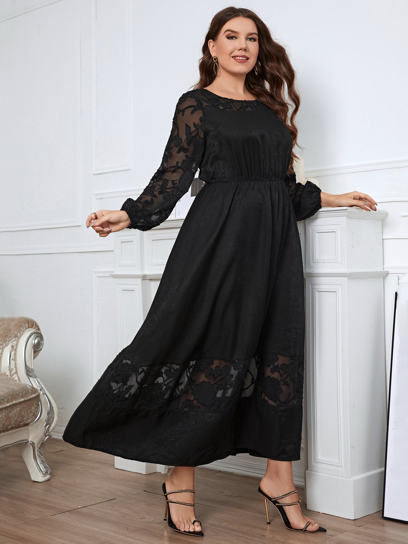 Plus Size Chubby over the Knee Lace Dress Slimming Long Sleeve Elegant High Sense