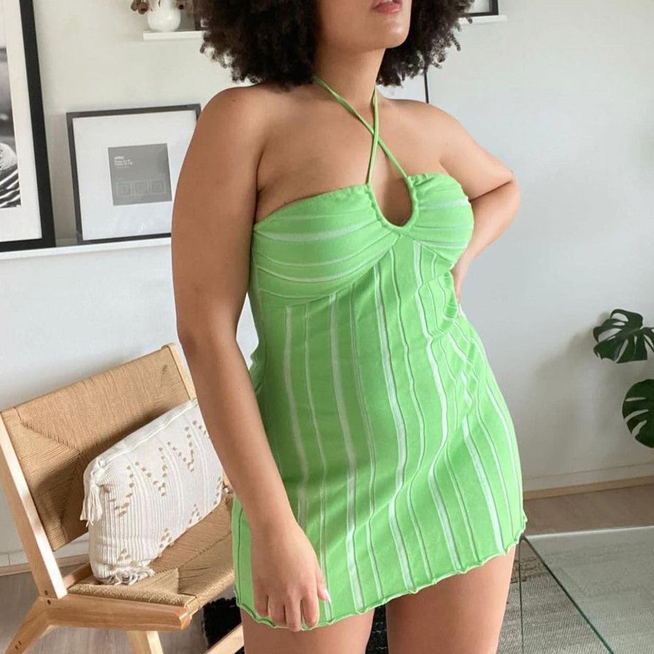 Spring Summer Women Clothing International Station Popular Halter Lace-up Knitted Dehaired Angora Dress