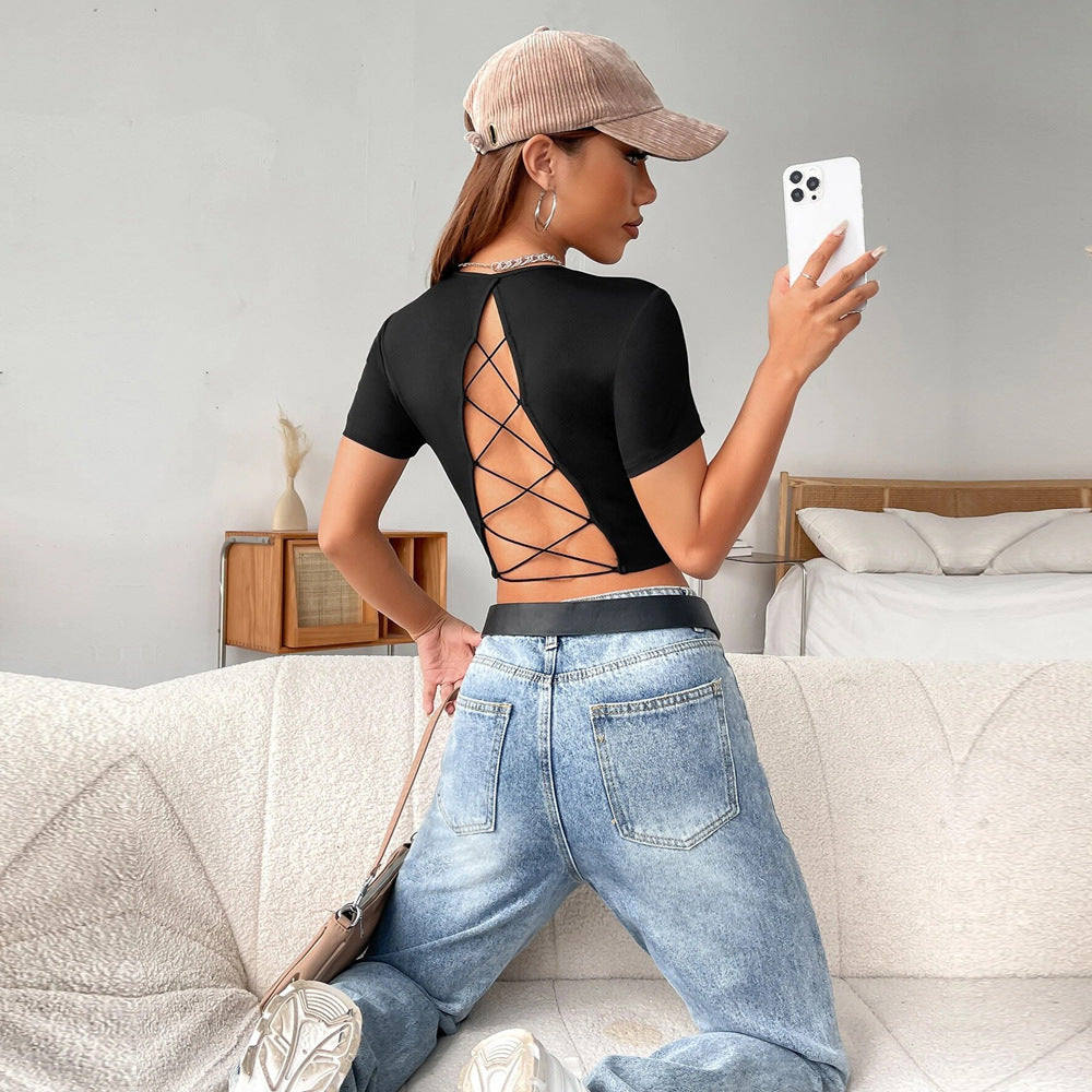 Spring Summer Women Clothing Sexy Backless Short Short Sleeve Slim Knit Top