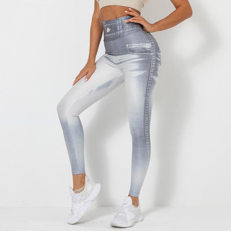 Nouvelle impression numérique Denim bleu serré haute élastique séchage rapide pantalons de yoga sport course pantalons de fitness pour les femmes