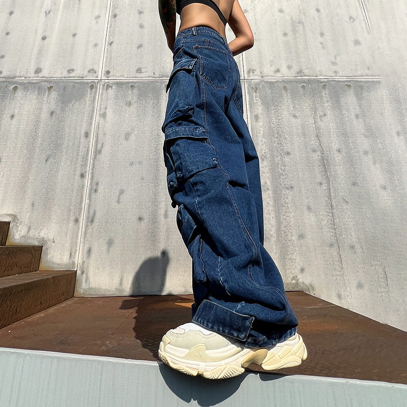 High Waist Large Pocket Loose Casual Wide Leg Pants Women Clothing